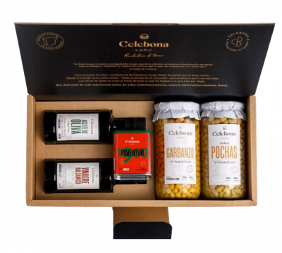 Estuche con Botella AOVE Arbequina 250ml, Vinagre balsámico 250ml, Garbanzos, Pochas y Pimentón.