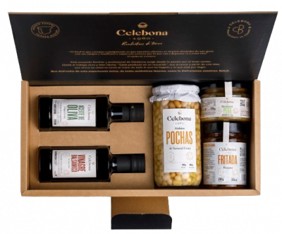 Estuche con Botella AOVE Arbequina 250ml, Vinagre balsámico 250ml, Mermelada de pera, Fritada y Alubias pochas.