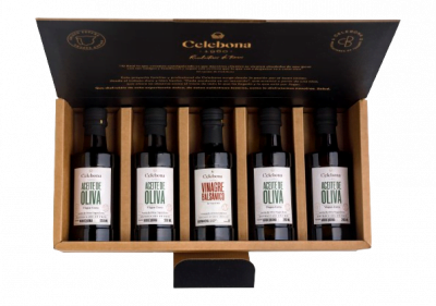 Estuche con Botella AOVE Arbequina 250ml (4) y Vinagre balsámico 250ml.